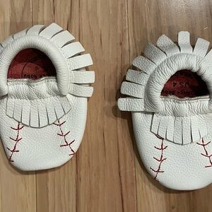 White Baby baseball Moccasins with Red Stitching